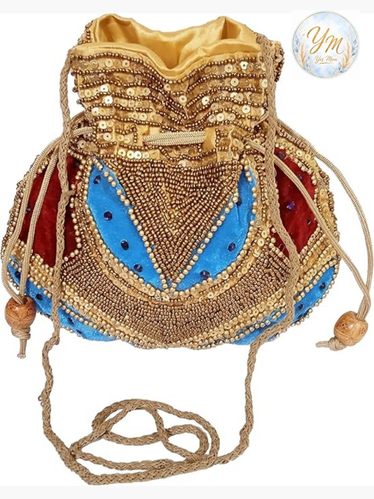 Silk Drawstring Pouch Handbag With Gold Thread Sequins And Velvet Patchwork